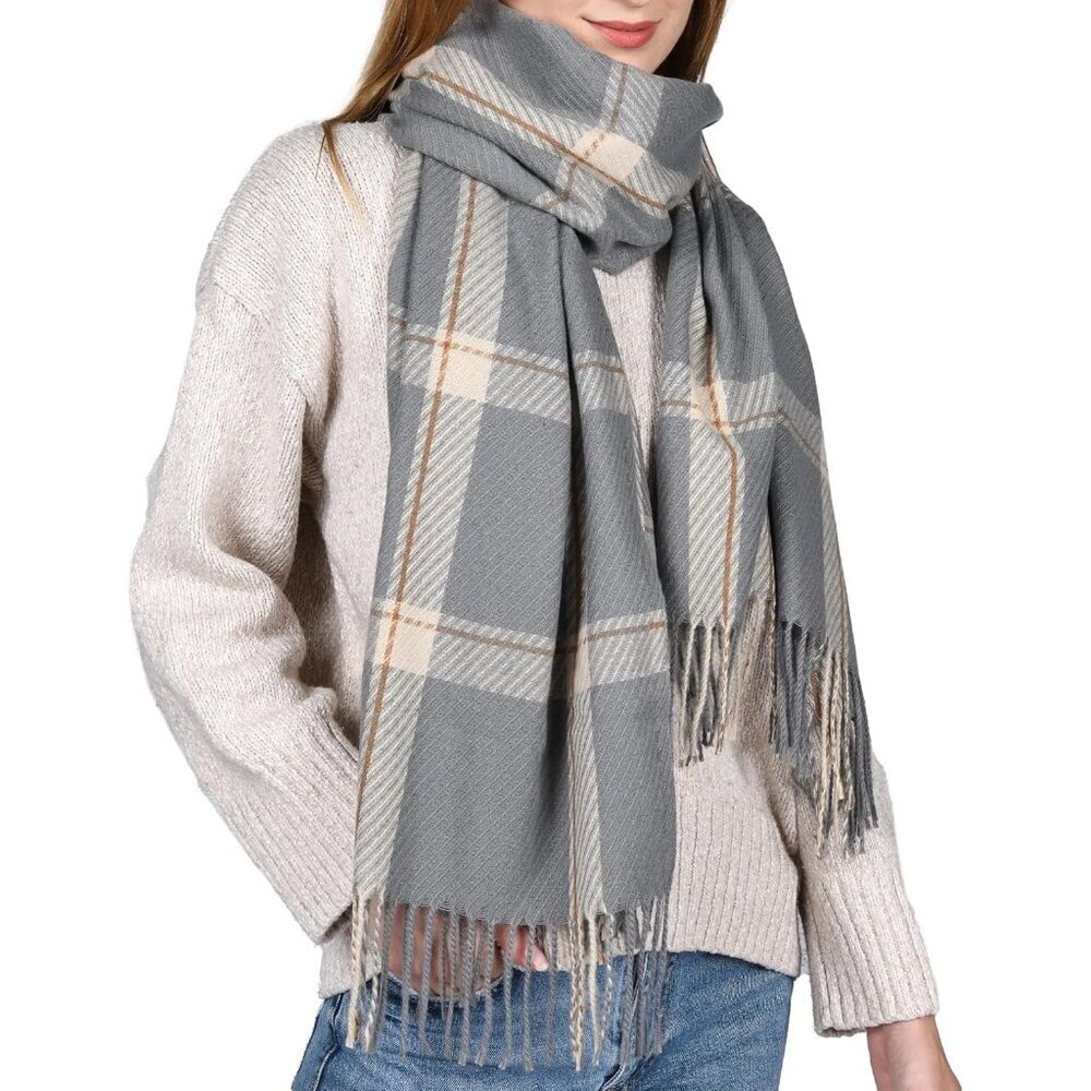 Women Grey Winter Scarf for Shawl Soft Tassel Plaid Large Oversized Scarves
